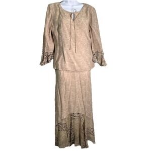 Cynthia Howie Vtg Maxi Skirt Set Womens Sz 6 Tan Silk Lace Paisley Fairy Prairie
